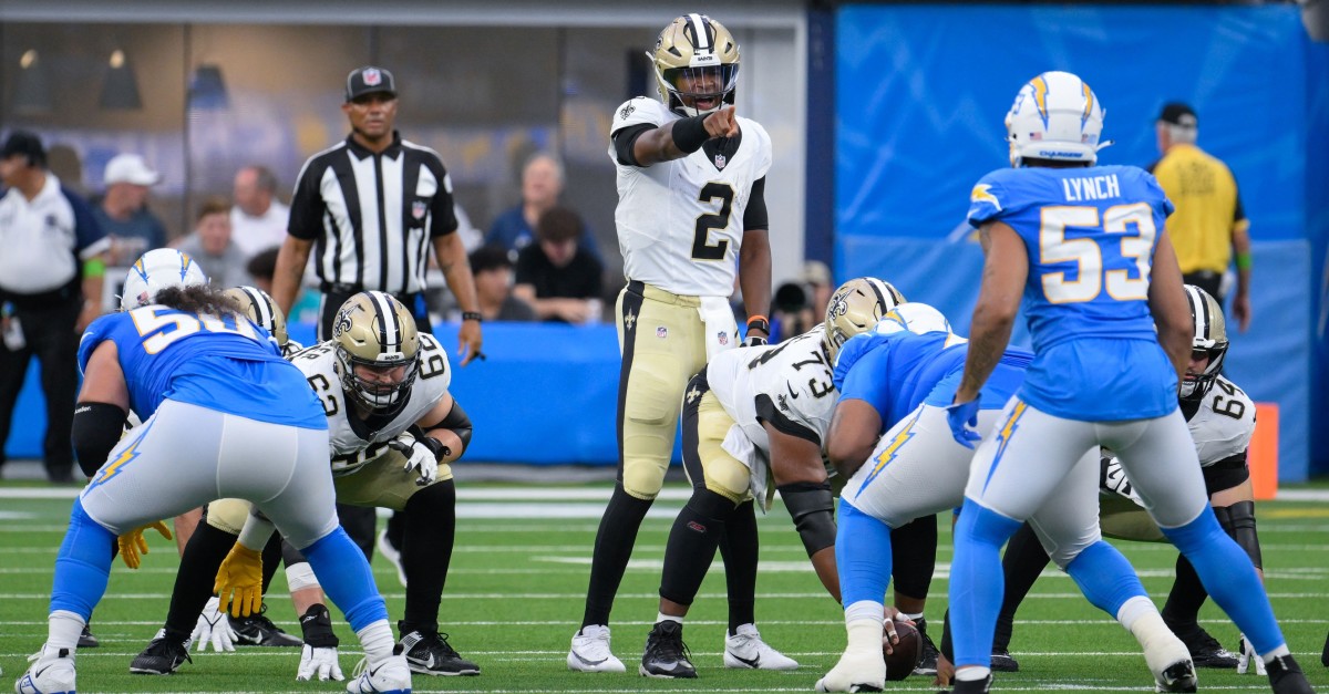 Aug 20, 2023; New Orleans Saints quarterback Jameis Winston (2) at the line of scrimmage against the Los Angeles Chargers. Mandatory Credit: Robert Hanashiro-USA TODAY Sports