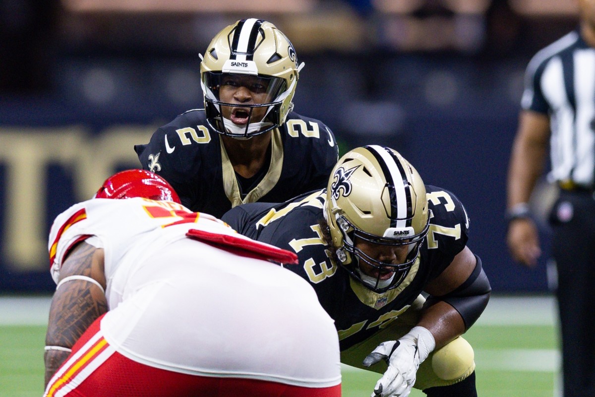 Aug 13, 2023; New Orleans Saints quarterback Jameis Winston (2) calls a play at the line against the Kansas City Chiefs. Mandatory Credit: Stephen Lew-USA TODAY