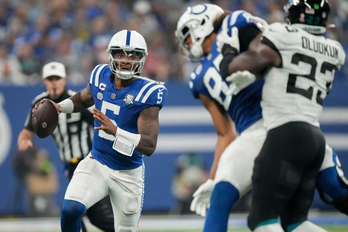 Indianapolis Colts quarterback Anthony Richardson (5) looks for a receiver downfield Sunday, Sept. 10, 2023, during a game against the Jacksonville Jaguars at Lucas Oil Stadium in Indianapolis.