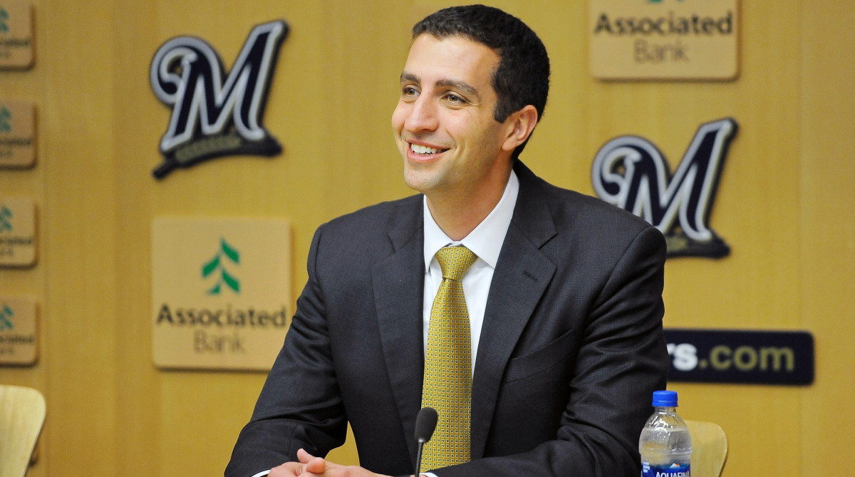 Former Brewers President of Baseball Operations and General Manager David Stearns addresses the media before their game against the Cardinals.