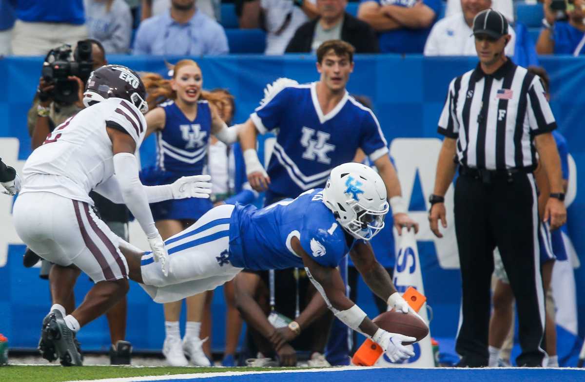 Kentucky Wildcats running back Ray Davis (1) dives into the end zone to make the final Wildcat touchdown against EKU Saturday. Davis had 52 yards rushing and 36 years receiving with one touchdown, Sept. 9, 2023.