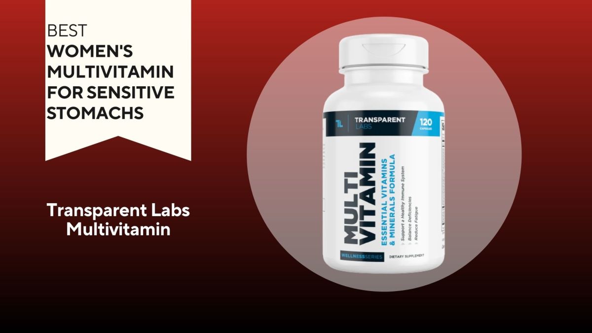 A red background with a banner reading "Best Women's Multivitamin for Sensitive Stomachs" next to a white bottle that says Transparent Labs Multivitamin in black text