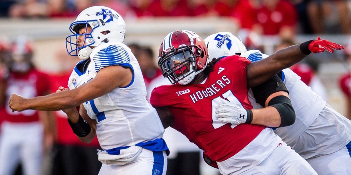 Indiana's Lanell Carr Jr. (41) pressures Indiana State's Evan Olaes (7) during the first half of the Indiana versus Indiana State football game at Memorial Stadium on Friday, Sept. 8, 2023.