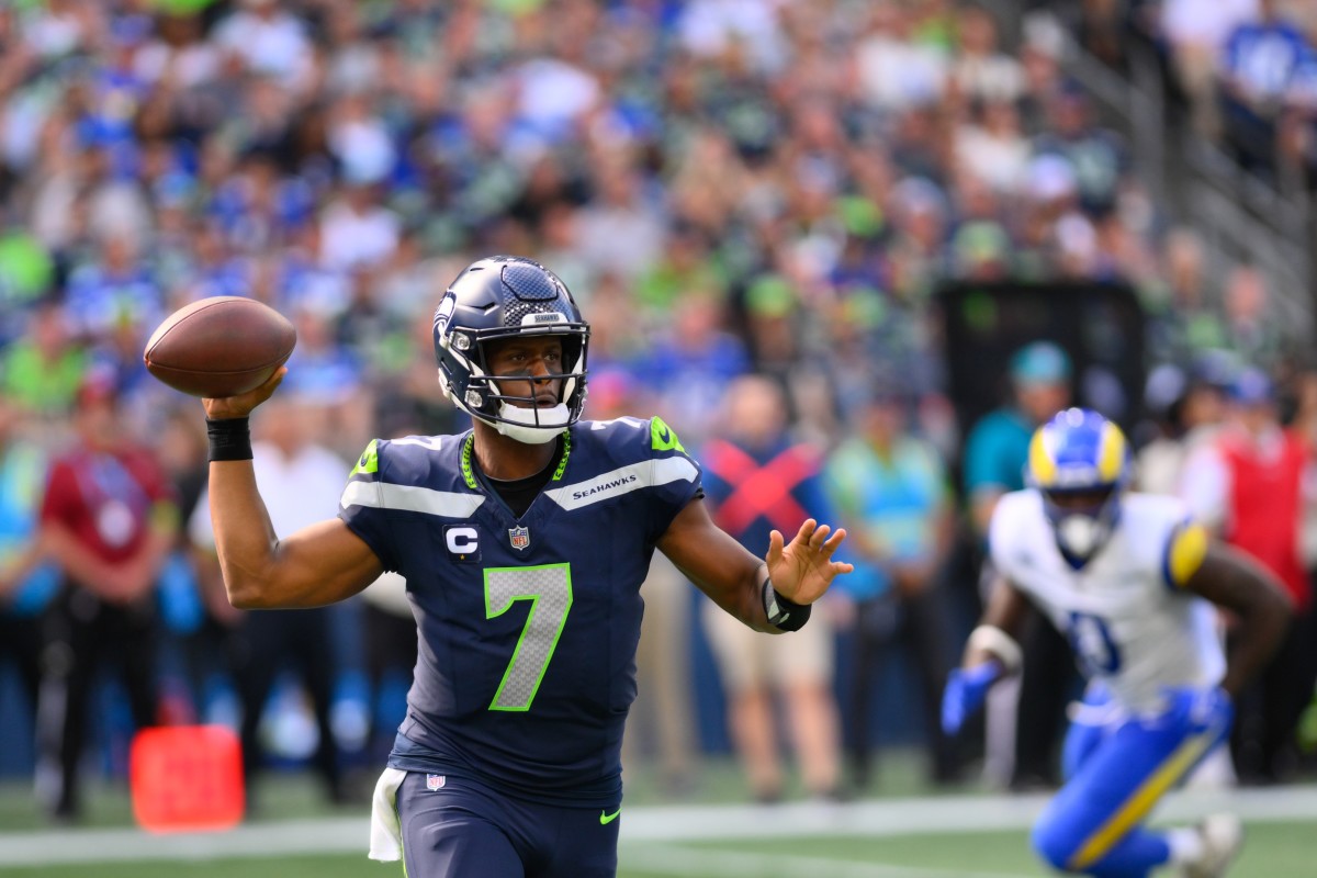 Sep 10, 2023; Seattle, Washington, USA; Seattle Seahawks quarterback Geno Smith (7) passes the ball against the Los Angeles Rams during the second half at Lumen Field.