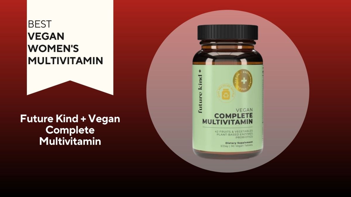 A red background with a banner reading "Best Vegan Women's Multivitamin" next to an amber and mint green bottle of Future Kind Vegan Complete Multivitamin