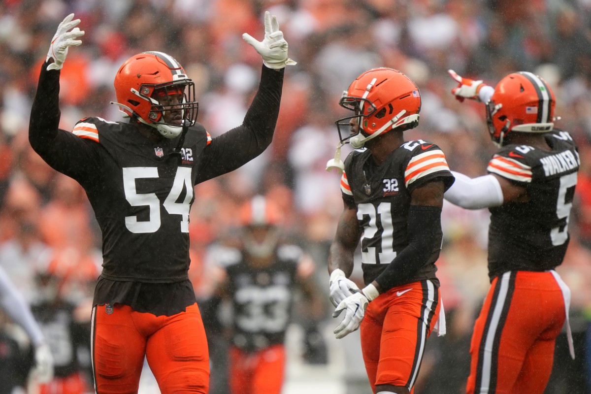 Cleveland Browns defensive end Ogbo Okoronkwo (54) fires up the crowd after the Cincinnati Bengals committed a false start in the second quarter of an NFL football game between the Cincinnati Bengals and Cleveland Browns, Sunday, Sept. 10, 2023, at Cleveland Browns Stadium in Cleveland.