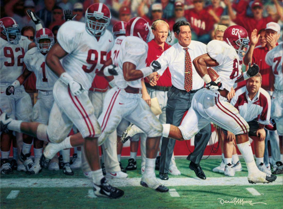 Daniel Moore's "Grand Finale" painting was a dual-purpose celebration of Alabama's 1997 Outback Bowl victory over the Michigan Wolverines while paying tribute to Coach Gene Stallings' final victory – his "grand finale."