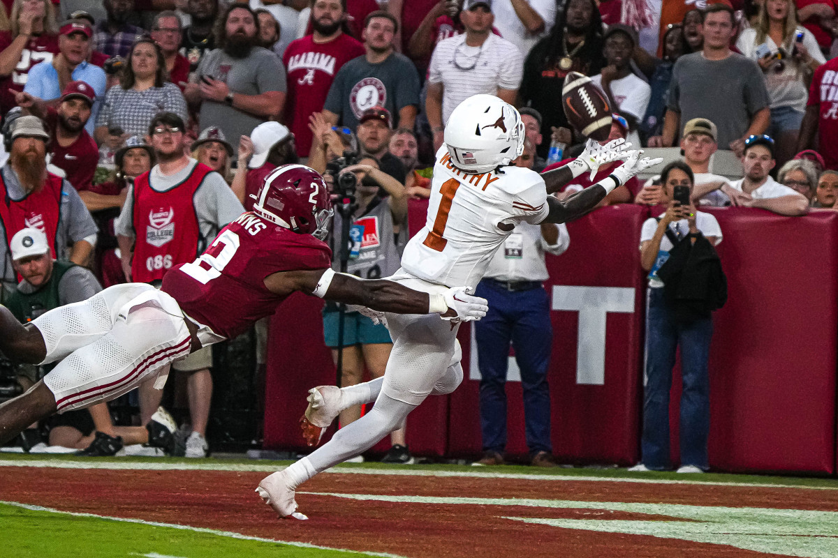 Sep. 9, 2023; Tuscaloosa, Alabama; Texas Longhorns wide receiver Xavier Worthy (1) reaches for a touchdown catch against Alabama at Bryant-Denny Stadium on Saturday, Sep. 9, 2023 in Tuscaloosa, Alabama. Mandatory Credit: Aaron E. Martinez-USA TODAY NETWORK