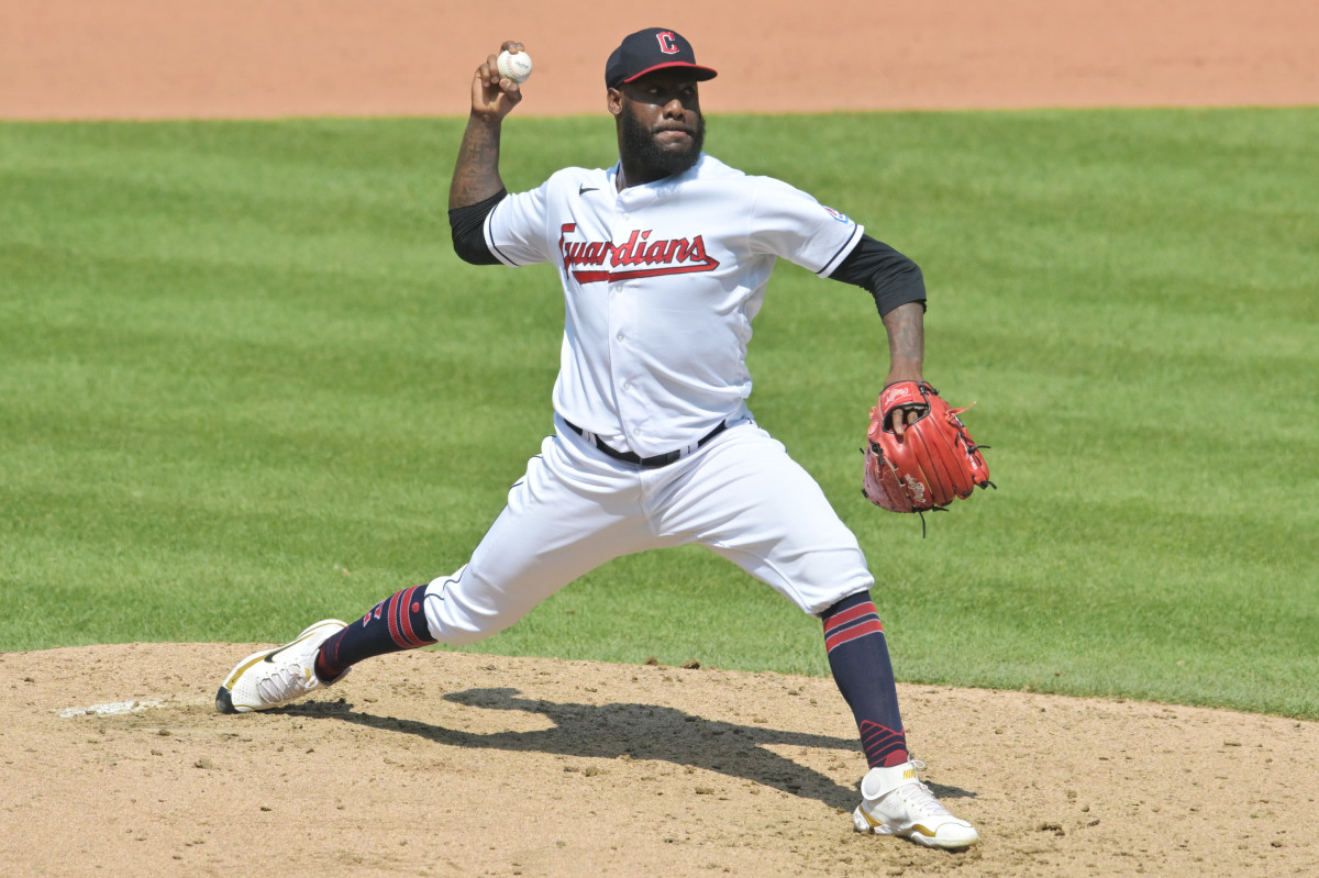 Aug 10, 2023; Cleveland, Ohio, USA; Cleveland Guardians relief pitcher Enyel De Los Santos (62) throws a pitch during the seventh inning against the Toronto Blue Jays at Progressive Field. Mandatory Credit: Ken Blaze-USA TODAY Sports