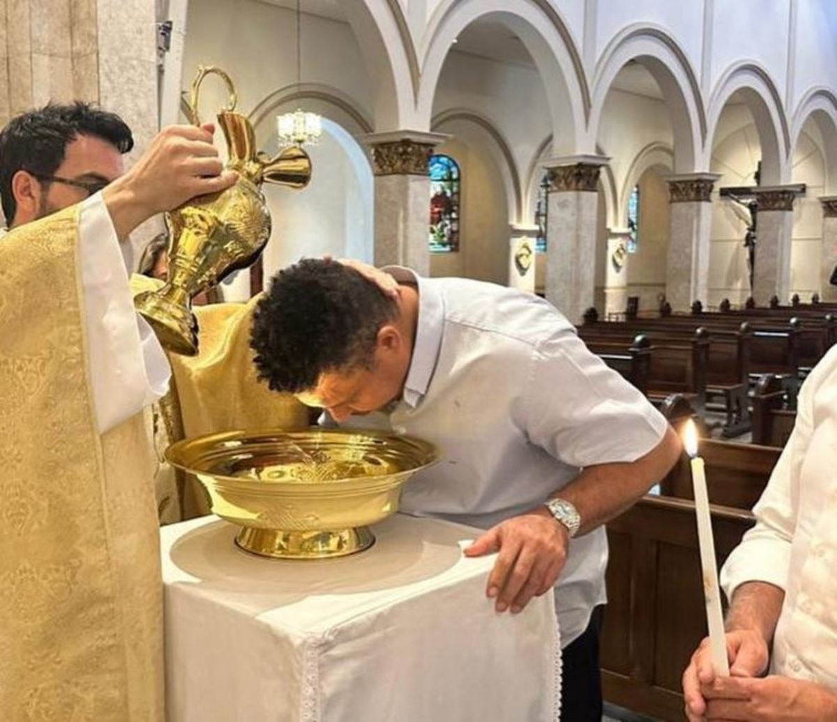 Brazil soccer legend Ronaldo pictured during his baptism ceremony in a Catholic church in Sao Paulo in September 2023