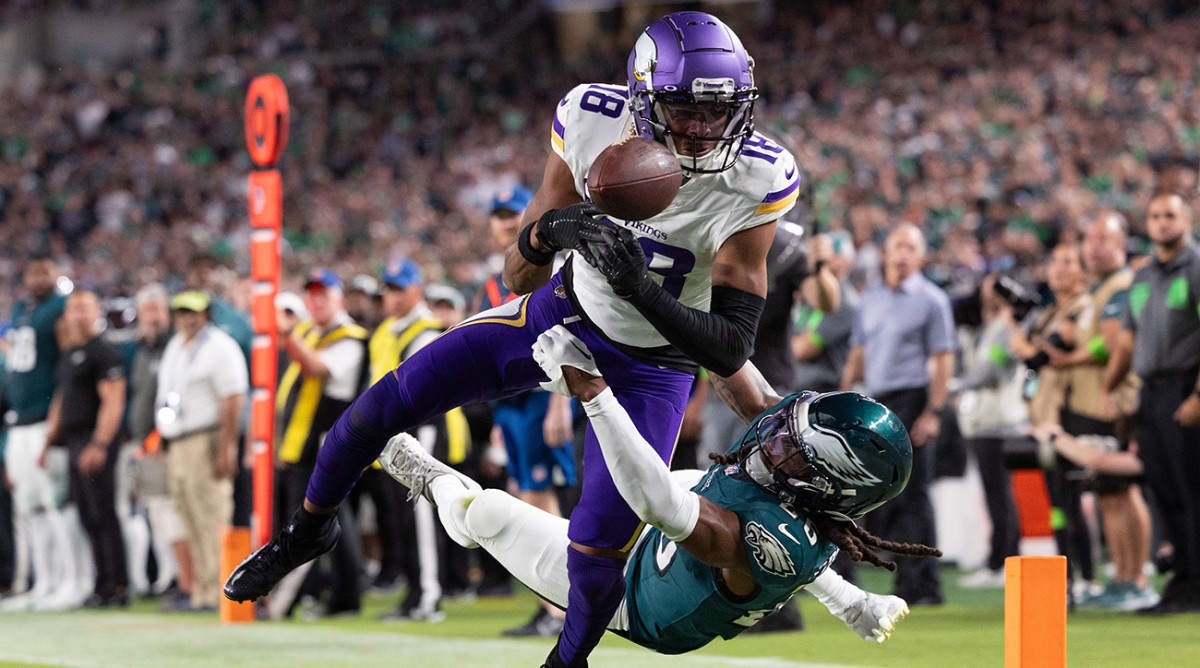 Vikings WR Justin Jefferson fumbled during Week 2 vs. the Eagles. The Vikings have turned the ball over seven times in their first two games.