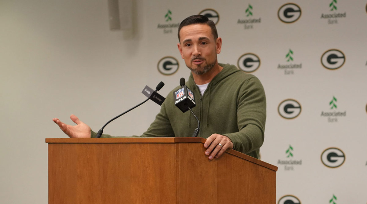 Packers coach Matt LaFleur talks during a press conference after the 2023 draft.