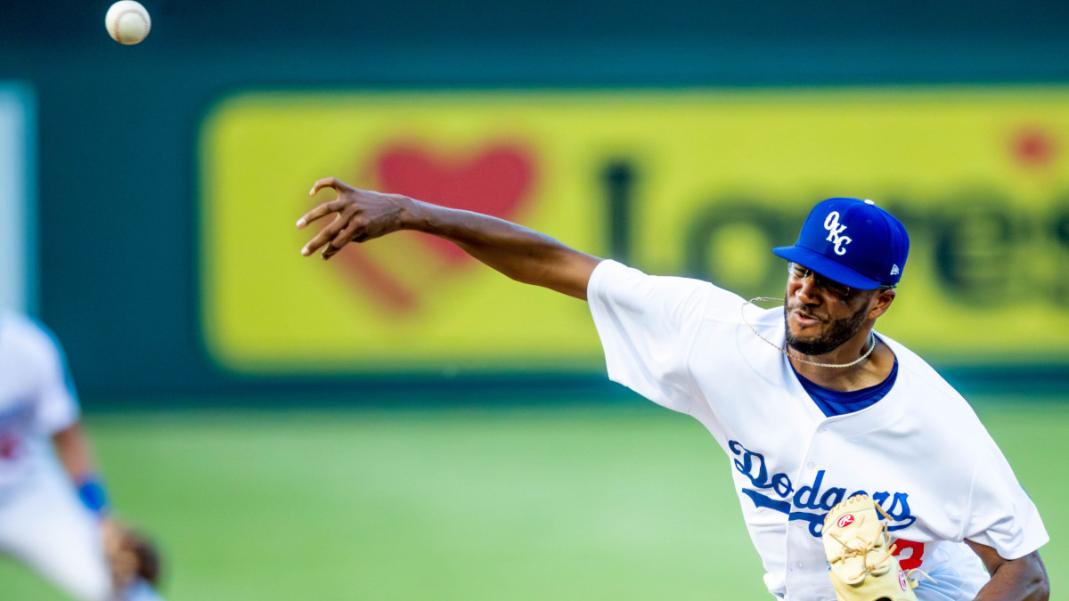 Mark Washington pitches during a Minor League Baseball game between the Oklahoma City Dodgers and the Las Vegas Aviators.