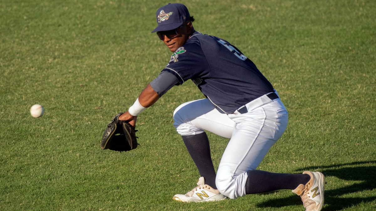 Stockton Ports’ Danny Bautista warms up before the start of a California League baseball game