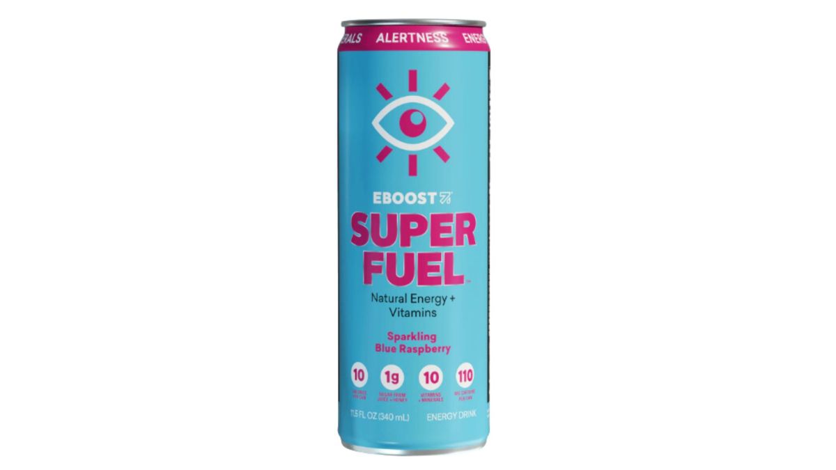 A turquoise can with white and bright pink font reading Eboost Super Fuel energy drink.