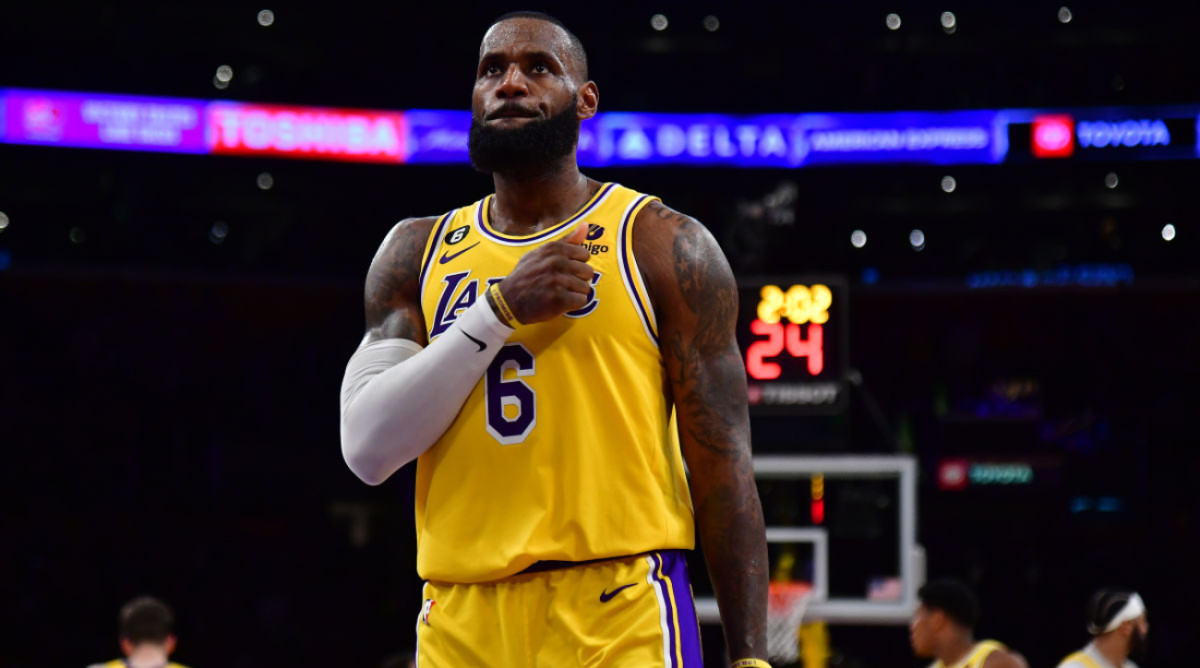 Lakers forward LeBron James during Los Angeles’s 108–102 overtime win over the Timberwolves on April 11, 2023.