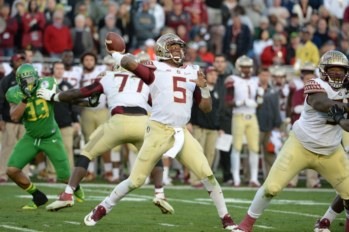 Jan 1, 2015; Pasadena, CA, USA; Florida State Seminoles quarterback Jameis Winston (5) passes the ball during the second half of the 2015 Rose Bowl college football game against the Oregon Ducks at Rose Bowl. Mandatory Credit: Jayne Kamin-Oncea-USA TODAY Sports