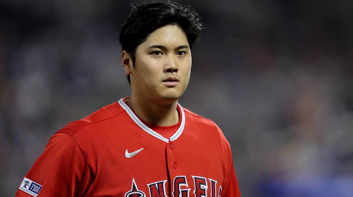 Angels star Shohei Ohtani looks on in between innings during a game.