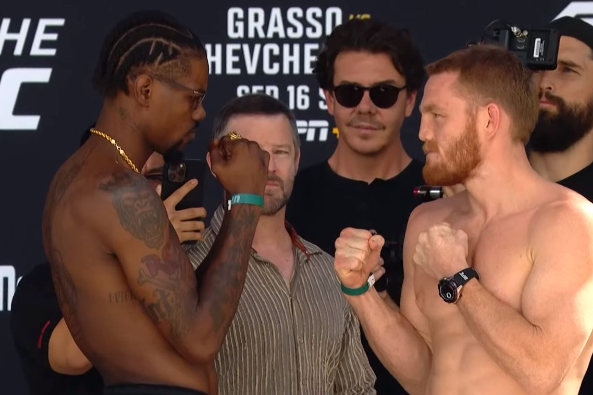 Kevin Holland and Jack Della Maddalena stare down during the Noche UFC ceremonial weigh-ins.