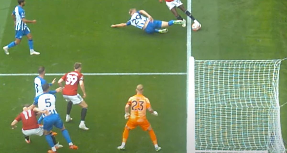 A still image shows that the ball had gone out of play shortly before Rasmus Hojlund (no.11) thought he had scored his first Premier League goal during Manchester United's 3-1 loss to Brighton in September 2023