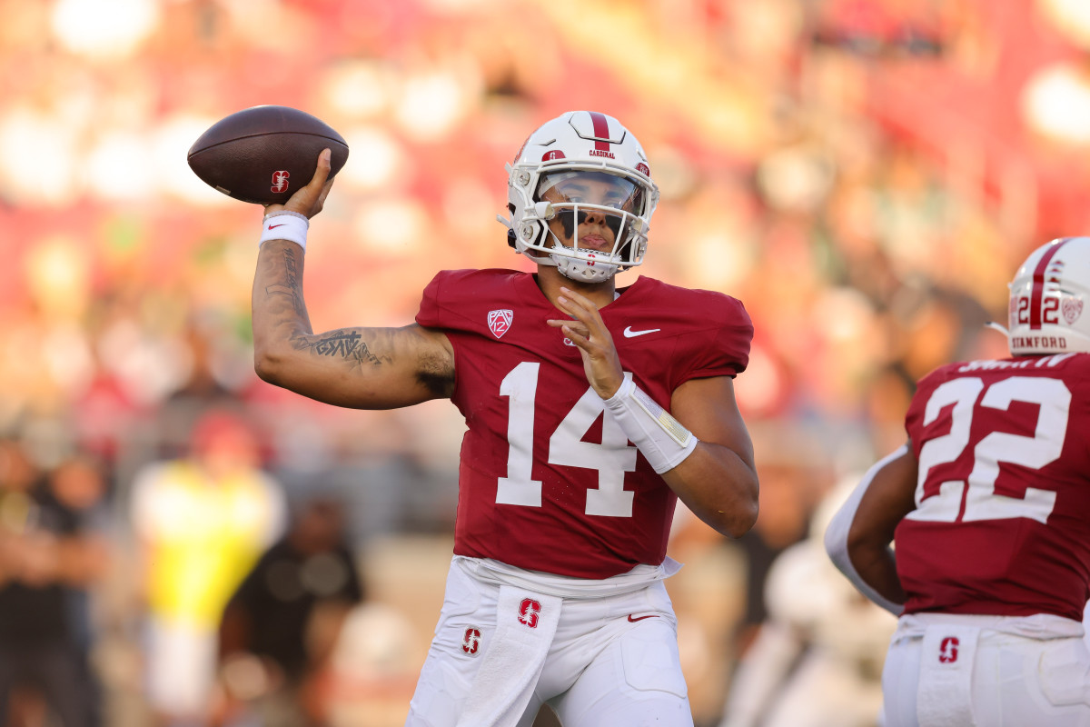 Sep 16, 2023; Stanford, California, USA; Stanford Cardinal quarterback Ashton Daniels (14) looks to pass the ball against the Sacramento State Hornets during the second quarter at Stanford Stadium. Mandatory Credit: Sergio Estrada-USA TODAY Sports