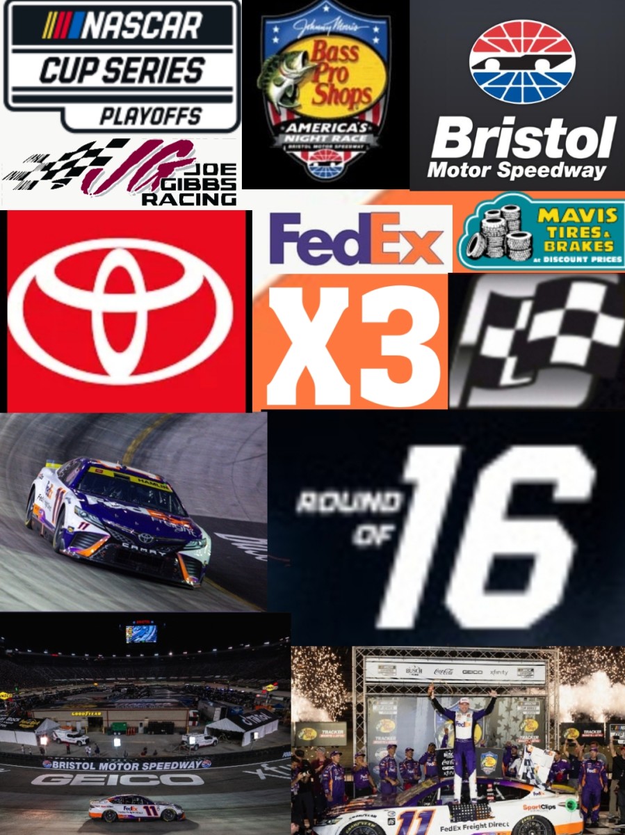 Denny Hamlin wins Bristol Night Race to advance to Round of 12 in NASCAR Cup playoffs. Graphic courtesy Dylan Bauerle Racing.