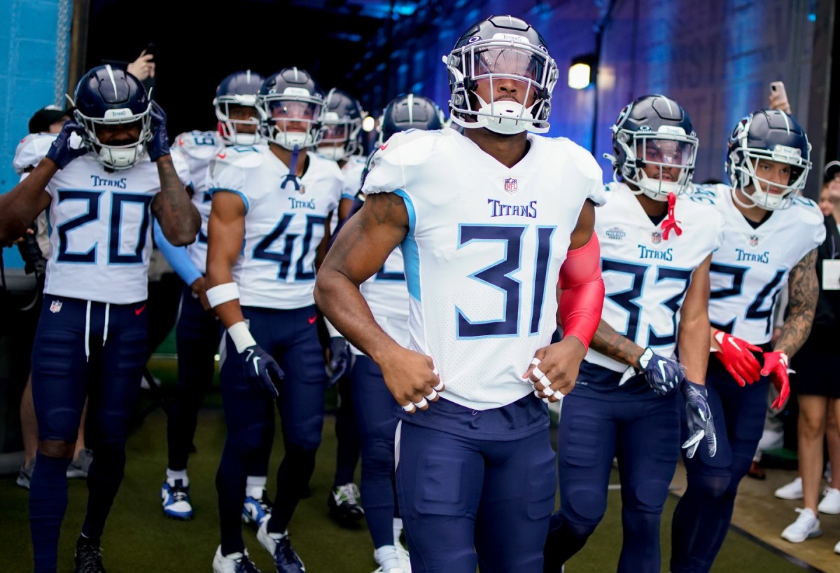 Tennessee Titans safety Kevin Byard (31) and his teammates head out for warms ups as the team gets ready to face the Los Angeles Chargers at Nissan Stadium. 