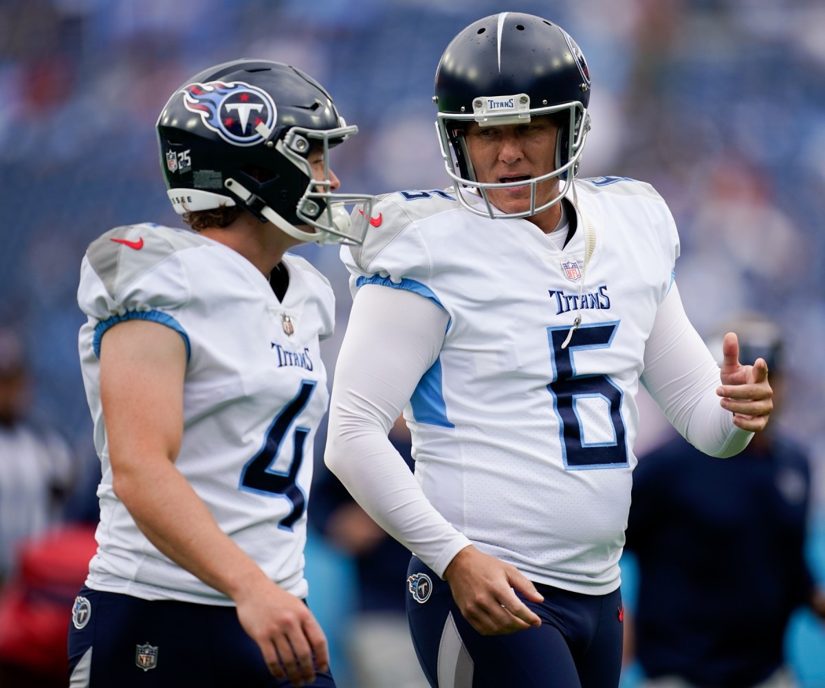Titans place kicker Nick Folk (6) chats with punter Ryan Stonehouse (4) as the team gets ready to face the Los Angeles Chargers.