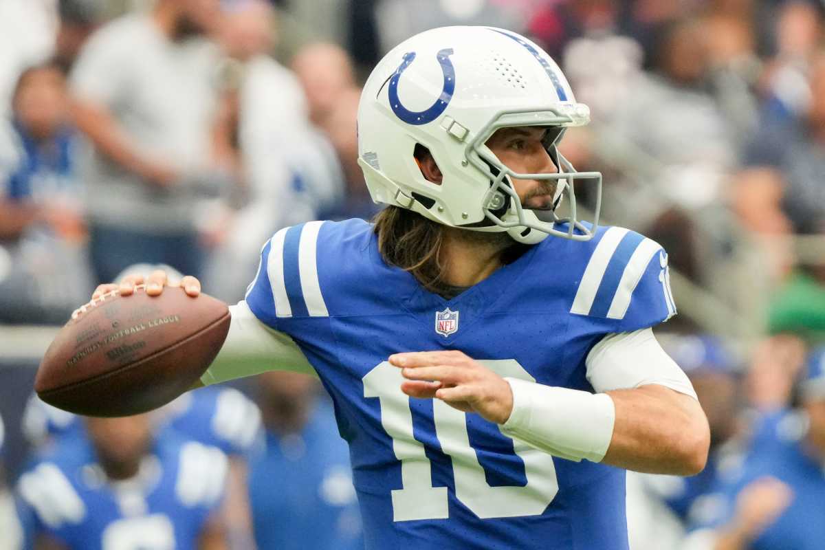 Indianapolis Colts quarterback Gardner Minshew II (10) draws back to pass Sunday, Sept. 17, 2023, during a game against the Houston Texans at NRG Stadium in Houston  