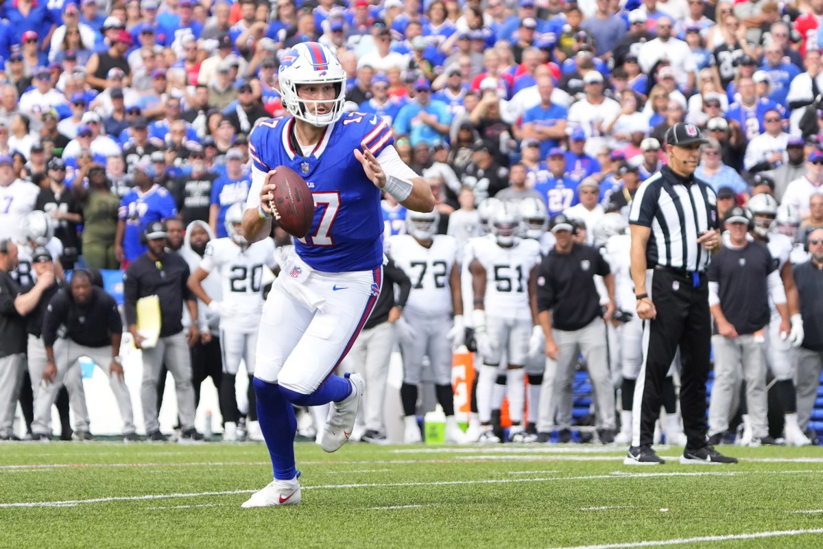 Bills quarterback Josh Allen passed for three touchdowns against the Raiders in Week 2 after throwing three interceptions in Week 1 against the Jets.