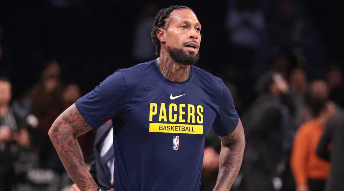Oct 31, 2022; Brooklyn, New York, USA; Indiana Pacers forward James Johnson (16) warms up before the game against the Brooklyn Nets at Barclays Center.