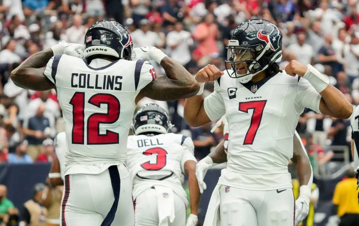 Houston Texans wide receiver Nico Collins (12) celebrates with Houston Texans quarterback C.J. Stroud (7) after a touchdown Sunday, Sept. 17, 2023, during a game against the Indianapolis Colts at NRG Stadium in Houston