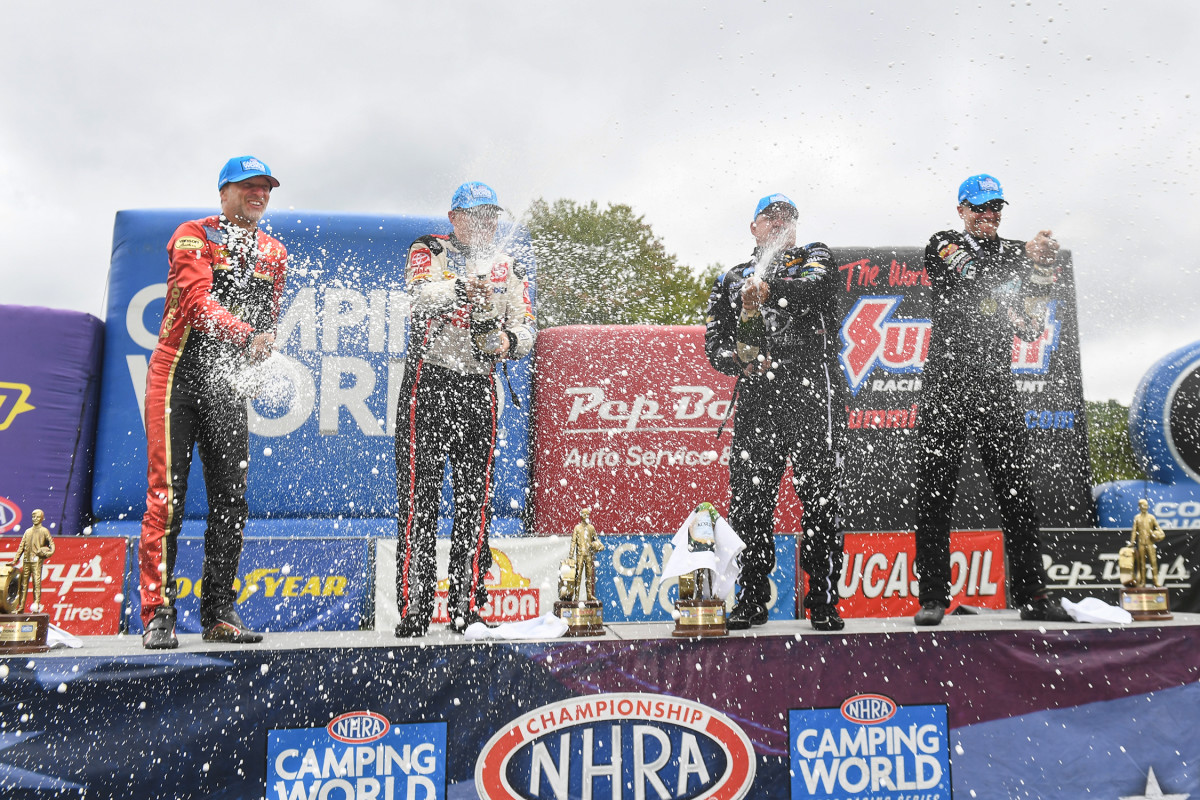 Here's your winners from Sunday's final eliminations at Maple Grove Raceway (from left): Matt Smith (Pro Stock Motorcycle), Robert Hight (Funny Car), Doug Kalitta (Top Fuel) and Matt Hartford (Pro Stock). Photo courtesy NHRA.