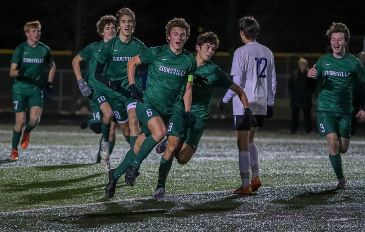 Zionsville Eagles' Chris Freeman (6) celebrates a goal against the Lake Central Indians during the IHSAA boys soccer Class 3A state final at Fishers High School on Saturday, Nov. 2, 2019.