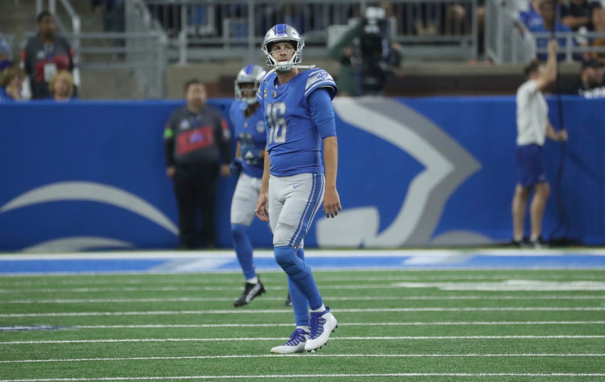 Lions quarterback Jared Goff reacts after throwing an interception returned for a touchdown by the Seahawks in a 37-31 overtime loss in Week 2.