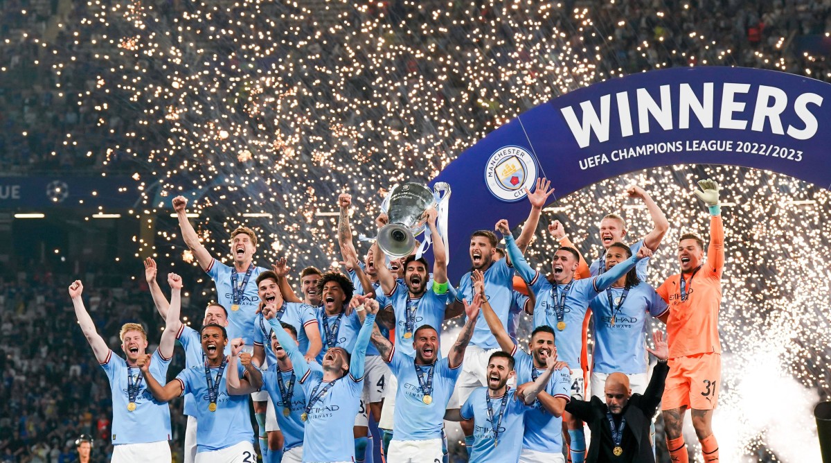 Man City celebrate a Champions League title.