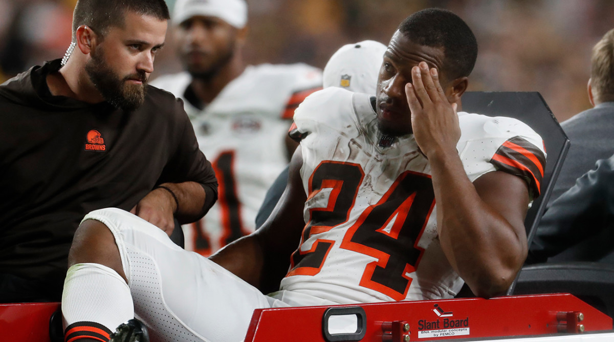Cleveland Browns RB Nick Chubb on the cart after suffering a knee injury in Week 2 vs. the Steelers