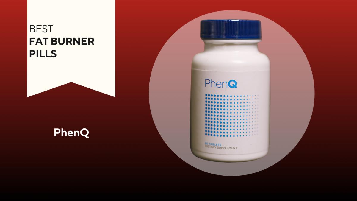 A red background with a white banner that says Best Fat Burner Pills next to a white bottle with a blue cap and blue text saying PhenQ