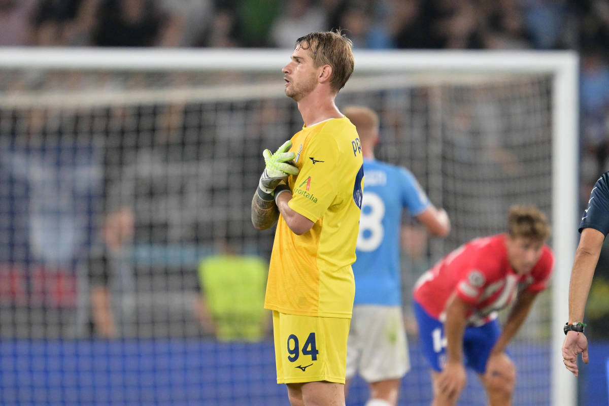 Lazio goalkeeper Ivan Provedel pictured celebrating after scoring a goal in a 1-1 draw against Atletico Madrid in the 2023/24 UEFA Champions League