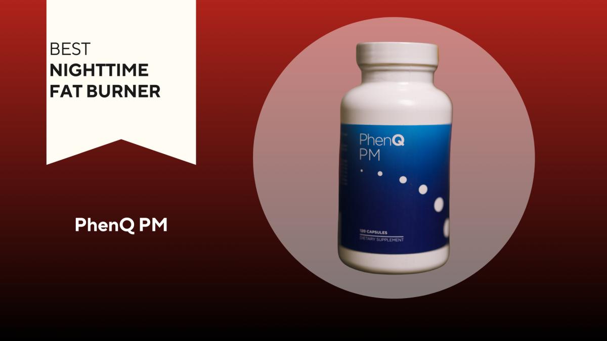 A red background with a white banner that says Best Nighttime Fat Burner next to a white bottle with a blue label and white text saying PhenQ PM