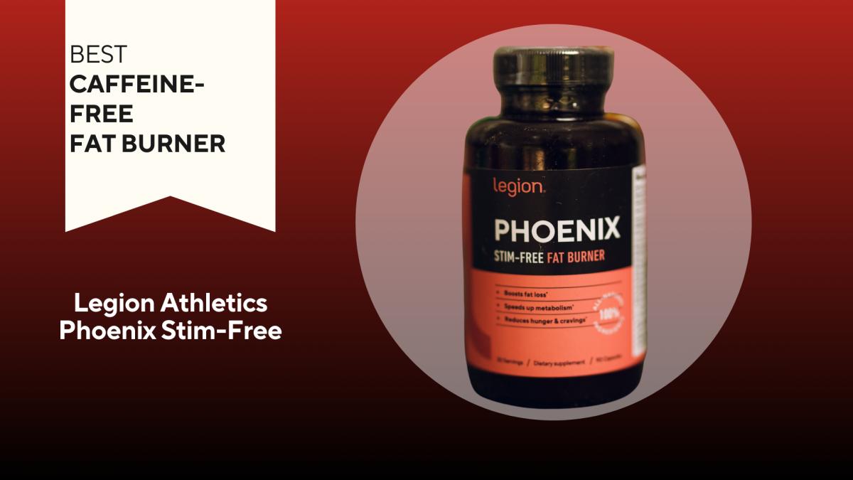 A red background with a white banner that says Best Caffeine-Free Fat Burner next to a black bottle with a pink label and white text saying Legion Phoenix Stim-Free Fat Burner
