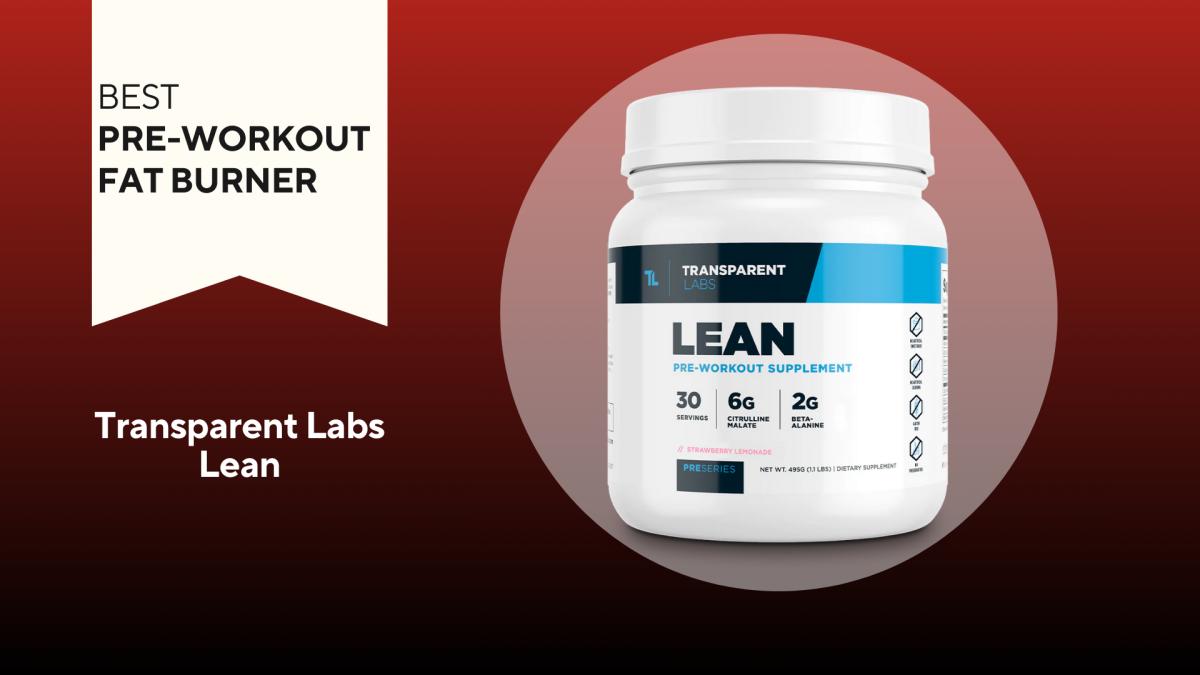 A red background with a white banner that says Best Pre-Workout Fat Burner next to a white bottle with black text saying Transparent Labs Lean