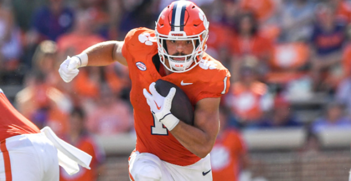 Clemson Tigers running back Will Shipley on a rushing attempt during a college football game in the ACC.