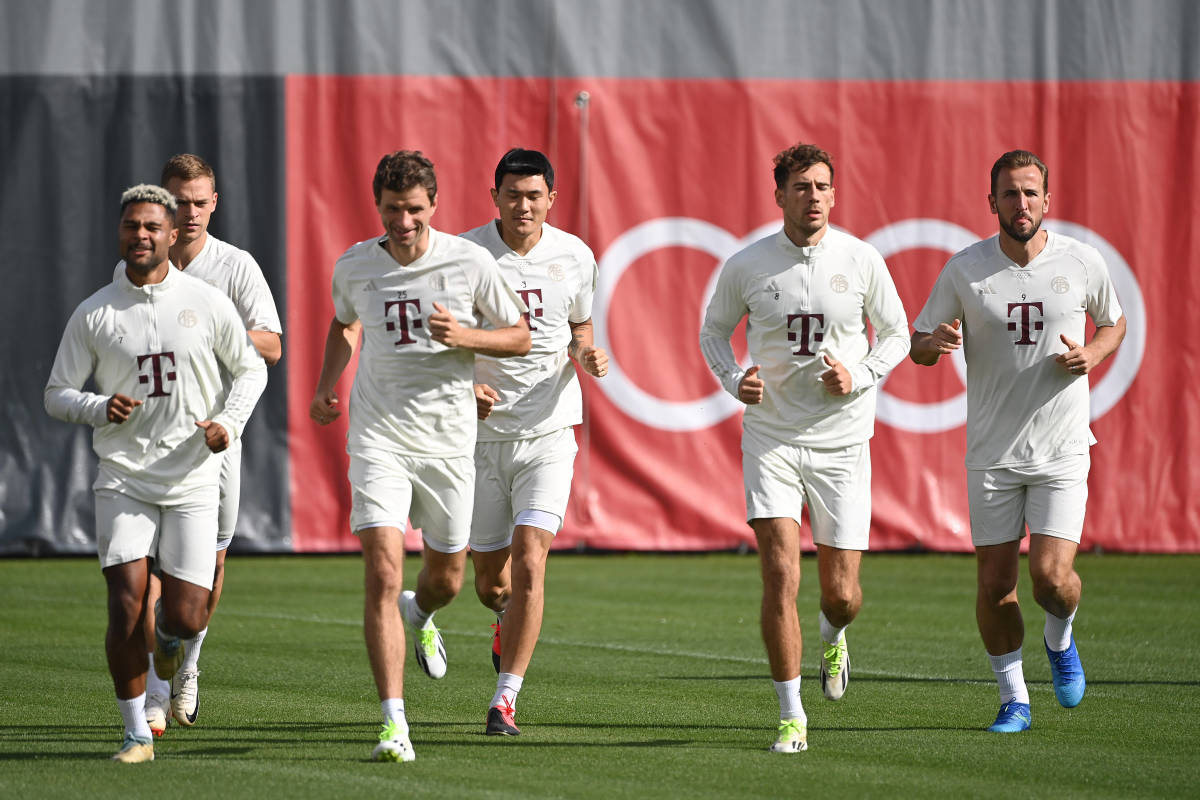 Harry Kane pictured (right) training with his Bayern Munich teammates on the eve of their first Champions League game of the 2023/24 season