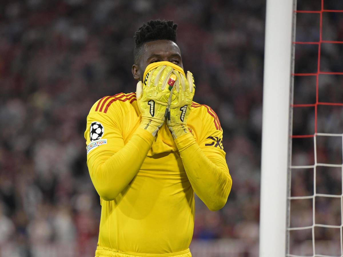 Manchester United goalkeeper Andre Onana pictured looking disappointed after conceding a goal against Bayern Munich in September 2023