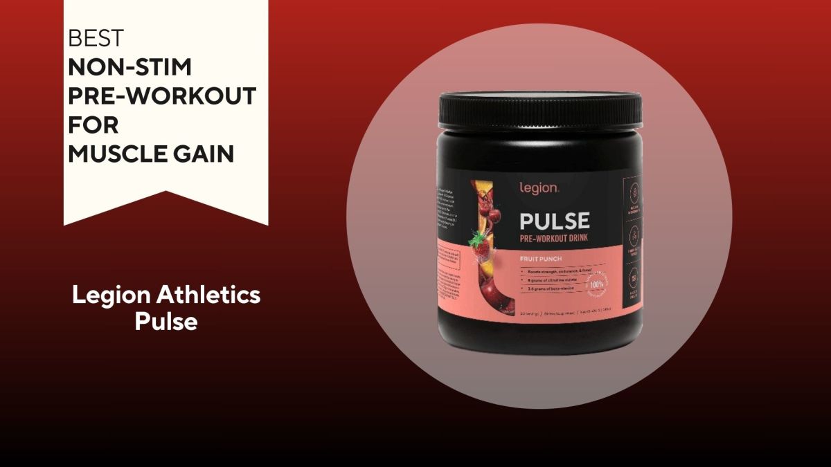 A red background with a white banner that says Best Non-Stim Pre-Workout for Muscle Gain next to a black bottle with a pink label that says Legion Pulse Pre-Workout Drink