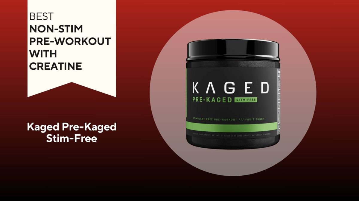 A red background with a white banner that says Best Non-Stim Pre-Workout with Creatine next to a black bottle with a horizontal green stripe that says Kaged Pre-Kaged Stim-Free