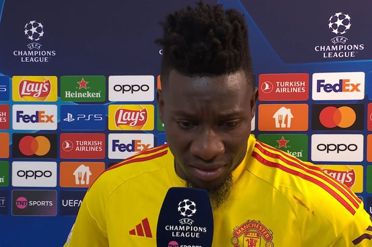Andre Onana pictured speaking to TNT Sports after Manchester United lost 4-3 to Bayern Munich in September 2023