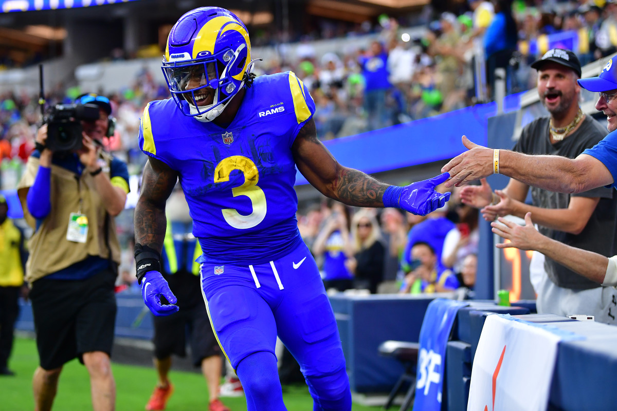 Dec 25, 2022; Inglewood, California, USA; Los Angeles Rams running back Cam Akers (3) celebrates his touchdown scored against the Denver Broncos during the first half at SoFi Stadium.