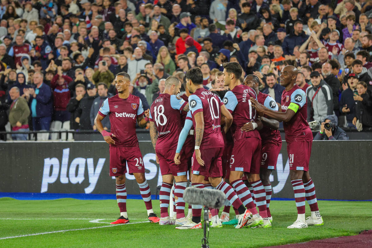 West Ham players pictured celebrating during a 3-1 win over TSC Backa Topola in the UEFA Europa League in September 2023